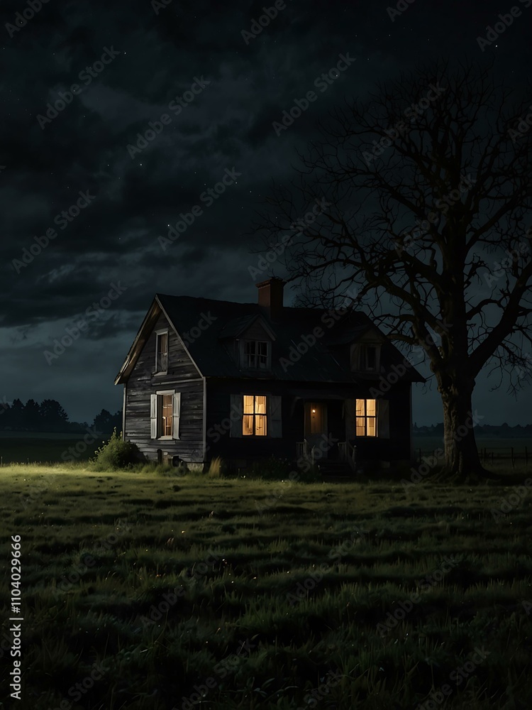 A house on a dark countryside night, adding mystery. A house on a dark countryside night, adding mystery.