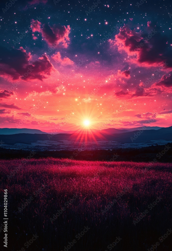 Naklejka premium A vibrant sunset over a field, with colorful clouds and a starry sky.