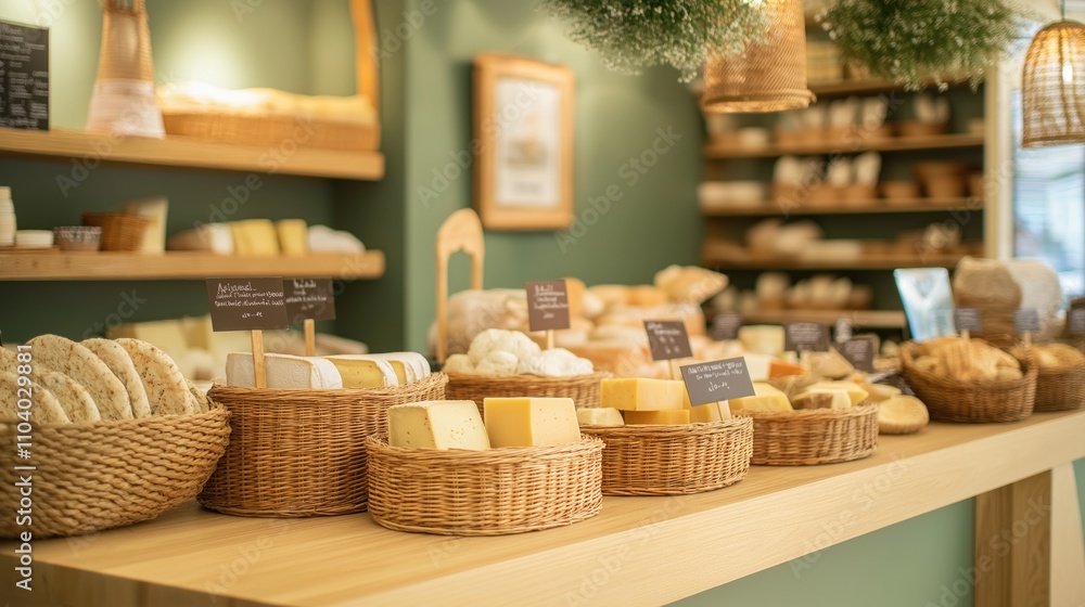 Various cheeses and bread displayed on wooden counter in charming shop Various cheeses and bread displayed on wooden counter in charming shop