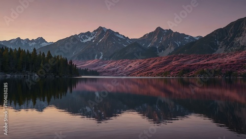 A lake in the pink and purple mountains at dawn.