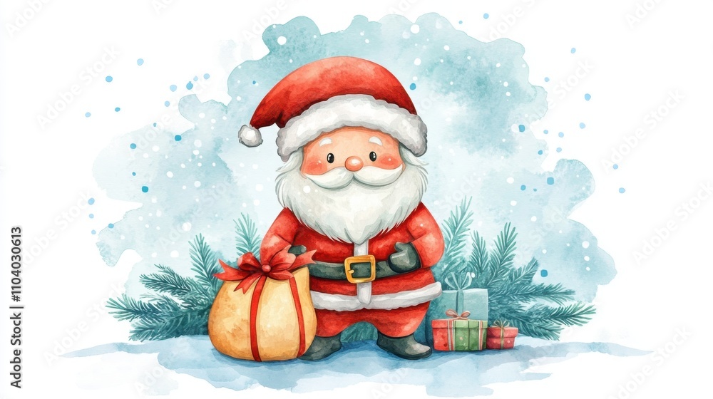 Cartoon chibi Santa with a sack of gifts, watercolor design perfect for festive cheer. Cartoon chibi Santa with a sack of gifts, watercolor design perfect for festive cheer.