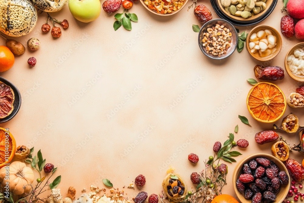 Ramadan kareem holiday background with dried dates, fruits and decorations. Top view, flat lay, copy-space Ramadan kareem holiday background with dried dates, fruits and decorations. Top view, flat lay, copy-space