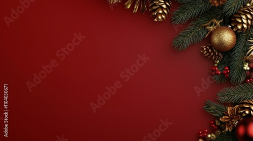 Wallpaper Mural Festive Christmas decorations adorn a vibrant red backdrop, featuring glistening balls and rustic pine cones, evoking holiday joy and warmth. Torontodigital.ca