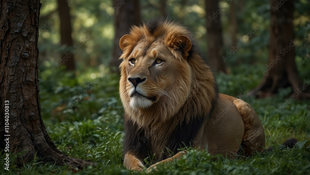 Fototapeta premium A lion in a forest setting.