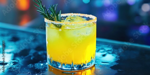 A neon yellow margarita with glowing salt rim and a sprig of sugared rosemary, photo