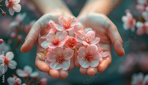 Girl Hand Holding a Beautiful Blossom Flower in Nature photo