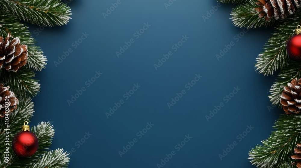 A serene Christmas scene adorned with lush fir branches, shimmering cones, and vibrant balls, all set against a tranquil blue backdrop. A serene Christmas scene adorned with lush fir branches, shimmering cones, and vibrant balls, all set against a tranquil blue backdrop.