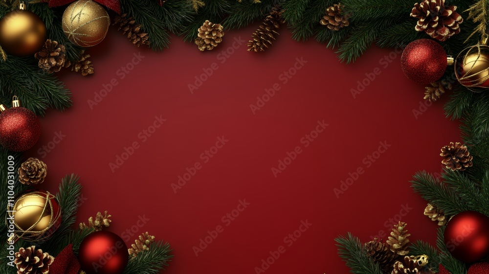A festive scene of vibrant Christmas decorations, showcasing shimmering balls and rustic pine cones against a rich red backdrop, exuding holiday cheer. A festive scene of vibrant Christmas decorations, showcasing shimmering balls and rustic pine cones against a rich red backdrop, exuding holiday cheer.