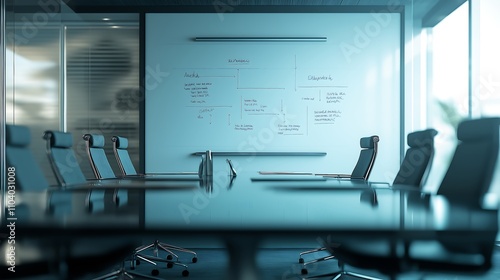 Business plan flowchart on a whiteboard in a conference room, collaborative planning session.
