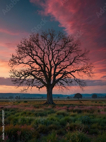 A lone tree in a vibrant landscape with a pink and blue sky.