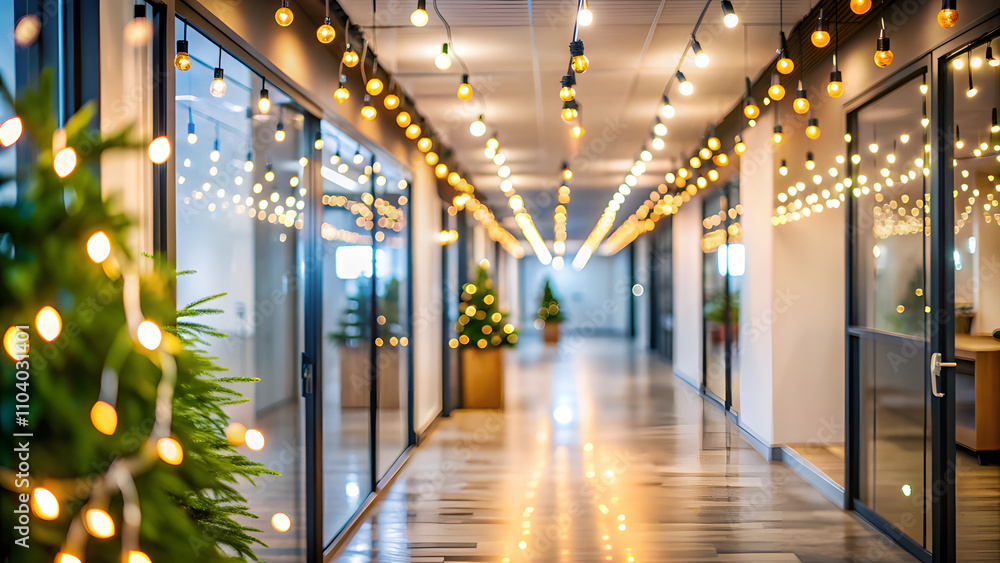 Blurred Office Hallway with Holiday Light Reflections and Ceiling Tinsel. Perfect for: Christmas, Holiday Receptions, Seasonal Events Blurred Office Hallway with Holiday Light Reflections and Ceiling Tinsel. Perfect for: Christmas, Holiday Receptions, Seasonal Events