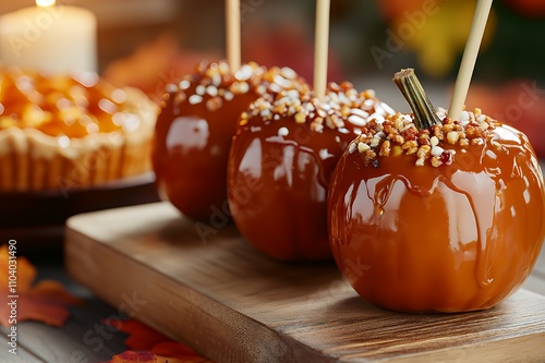 Three caramel-covered pumpkin treats on a wooden board, surrounded by autumn decor.