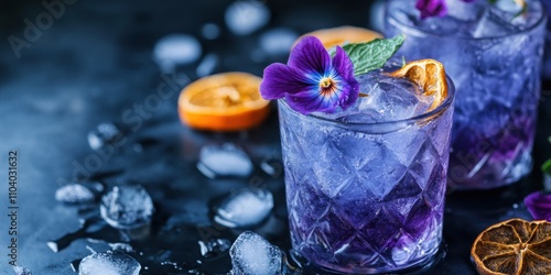 A purple-hued butterfly pea flower Christmas gin tonic with dried citrus garnish,