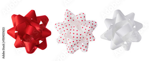Collection of tied fluffy bows for wrapping gifts isolated on transparent background. Set of paper tired bow ribbon as design elements for wrapping present. Colourful gift bows for design.