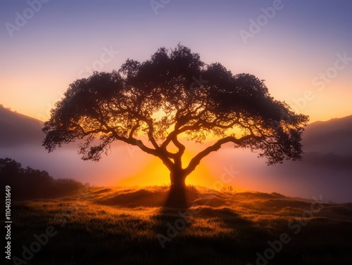 A majestic tree silhouetted against a vibrant sunset, casting a long shadow over a misty landscape, creating a serene and picturesque scene.