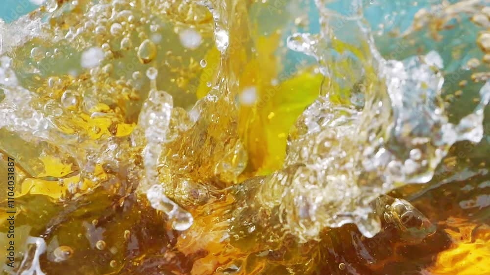 Lime slices splashing into iced tea, creating bubbles and ripples in slow motion 300fps Lime slices splashing into iced tea, creating bubbles and ripples in slow motion 300fps