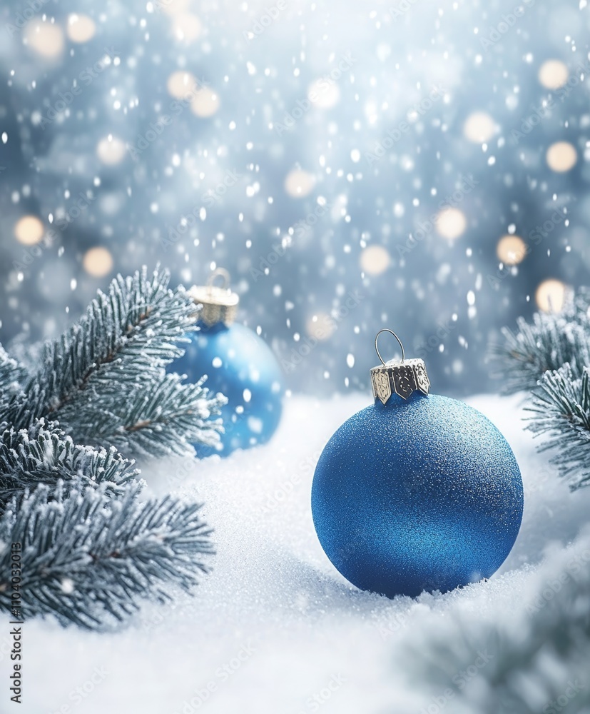 Two shimmering blue ornaments rest delicately on a soft blanket of snow, capturing the essence of a serene and magical Christmas wonderland. Two shimmering blue ornaments rest delicately on a soft blanket of snow, capturing the essence of a serene and magical Christmas wonderland.