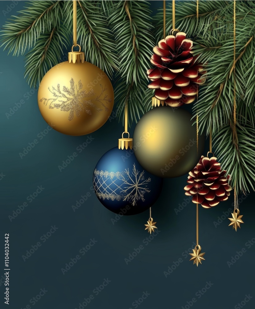Brightly colored Christmas balls and rustic pine cones dangle gracefully from a lush fir tree branch, embodying the spirit of the festive season. Brightly colored Christmas balls and rustic pine cones dangle gracefully from a lush fir tree branch, embodying the spirit of the festive season.