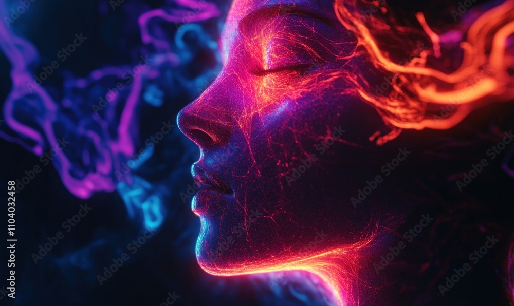 Digital Art: Vibrant Face in Neon Lights Fantasy Digital Art: Vibrant Face in Neon Lights Fantasy