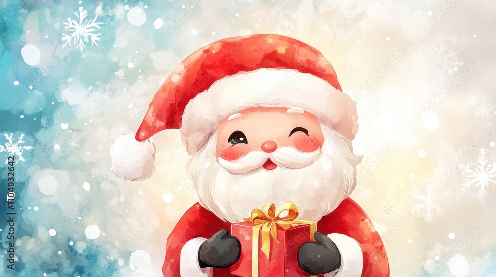 Cute chibi Santa Claus, holding a tiny present, illustrated in charming watercolor style. Cute chibi Santa Claus, holding a tiny present, illustrated in charming watercolor style.