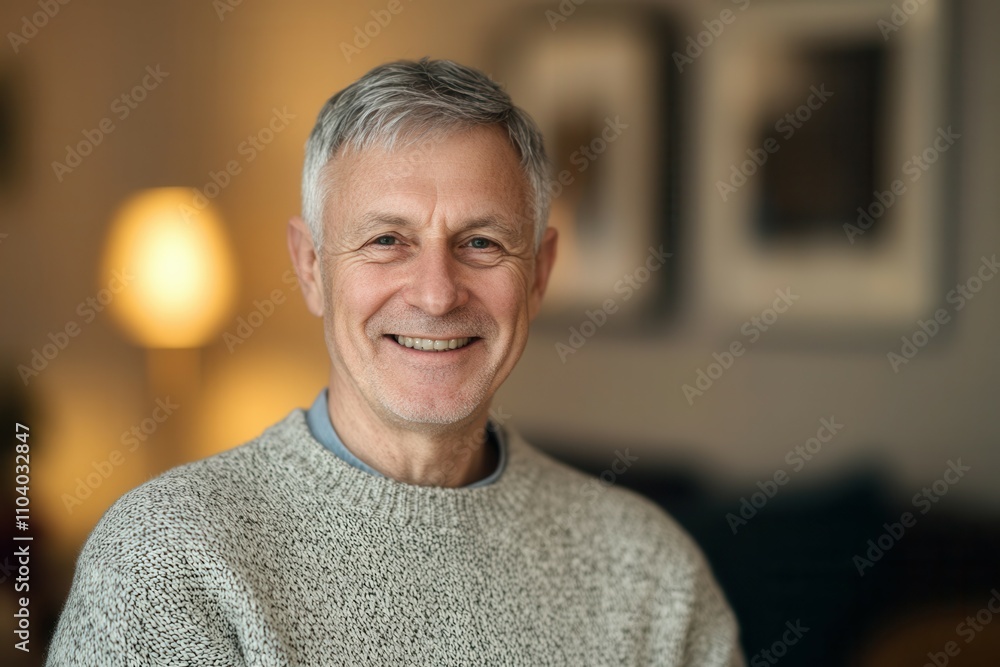 A mature man with gray hair sits comfortably in a cozy room. He wears a light gray sweater and smiles warmly at the camera, exuding a friendly and inviting demeanor amidst a softly lit background. A mature man with gray hair sits comfortably in a cozy room. He wears a light gray sweater and smiles warmly at the camera, exuding a friendly and inviting demeanor amidst a softly lit background.