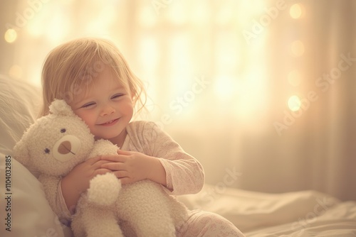 A young child with light hair smiles while hugging a fluffy teddy bear. The warm atmosphere of the softly lit bedroom creates a comforting and joyful environment, perfect for moments of love and secur photo