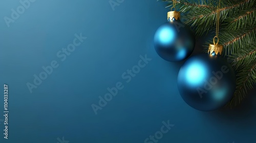 Two shimmering blue Christmas balls dangle gracefully from a lush green tree branch, illuminating the festive spirit of the season with their enchanting hue.