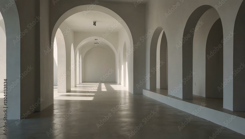 A minimalist white hallway with arches, softly lit by daylight. A minimalist white hallway with arches, softly lit by daylight.
