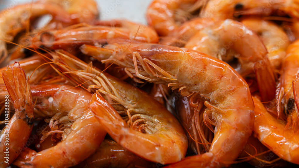 Freshly cooked shrimp ready for serving at a coastal seafood market in the afternoon Freshly cooked shrimp ready for serving at a coastal seafood market in the afternoon