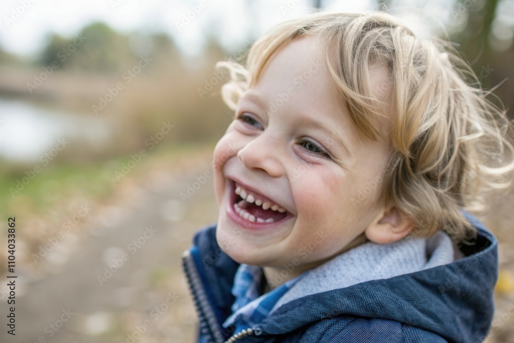 A young boy with curly blonde hair smiles brightly while standing near a riverbank. The background shows soft autumn colors, and the child appears to relish the moment outdoors, showcasing pure happin A young boy with curly blonde hair smiles brightly while standing near a riverbank. The background shows soft autumn colors, and the child appears to relish the moment outdoors, showcasing pure happin
