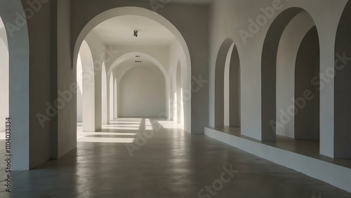 A minimalist white hallway with arches, softly lit by daylight.