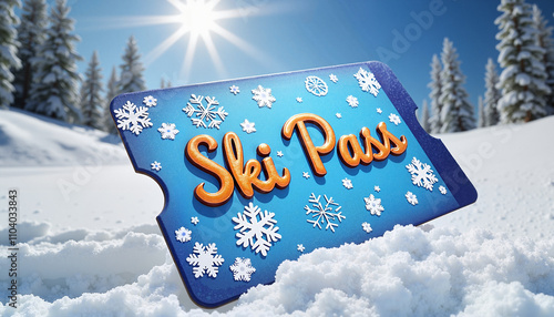 Close-up of colorful ski pass on snowy ground with sun and pine trees in winter landscape