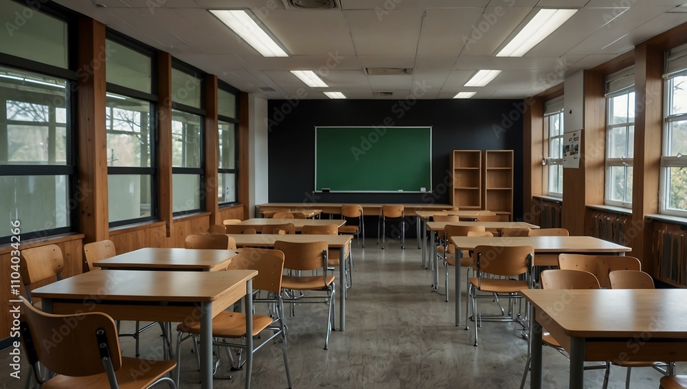 A modern classroom with wooden chairs and a simple table. A modern classroom with wooden chairs and a simple table.