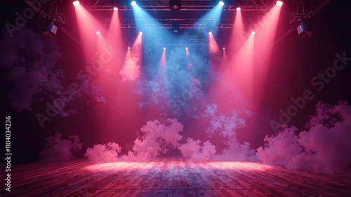 Dramatic Empty Concert Stage, Atmospheric Lighting, Smoke, AI Photo