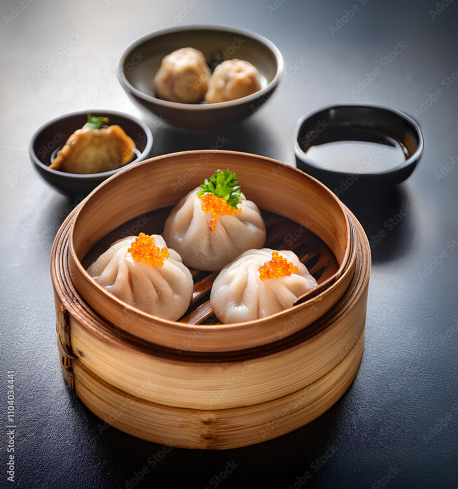 Dimsum in a Bamboo Basket with an Elegant Presentation Dimsum in a Bamboo Basket with an Elegant Presentation