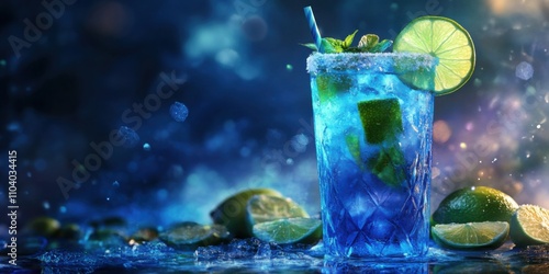 A trendy neon blue mojito with glowing green lime slices and frosted edges,