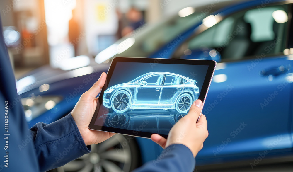 an auto mechanic holds a tablet in his hands and performs car diagnostics an auto mechanic holds a tablet in his hands and performs car diagnostics