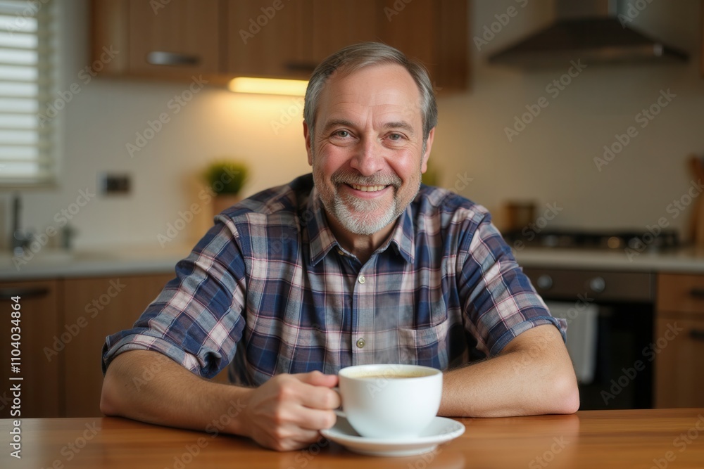 A man with a friendly smile sits at a wooden table in a modern kitchen, holding a white cup of coffee. The warm atmosphere is complemented by stylish kitchen elements and soft lighting in the backgrou A man with a friendly smile sits at a wooden table in a modern kitchen, holding a white cup of coffee. The warm atmosphere is complemented by stylish kitchen elements and soft lighting in the backgrou
