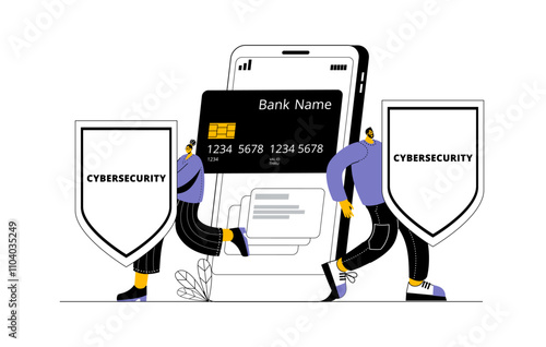 Characters with shields cover phone screen with credit card. Vector illustration of cyber security and data protection concept on phone.