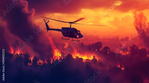 Helicopter extinguishes forest fire. Rescue operation to localize fire. Emergency situation. photo