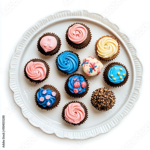 A decorative platter of assorted cupcakes in various colors and designs.