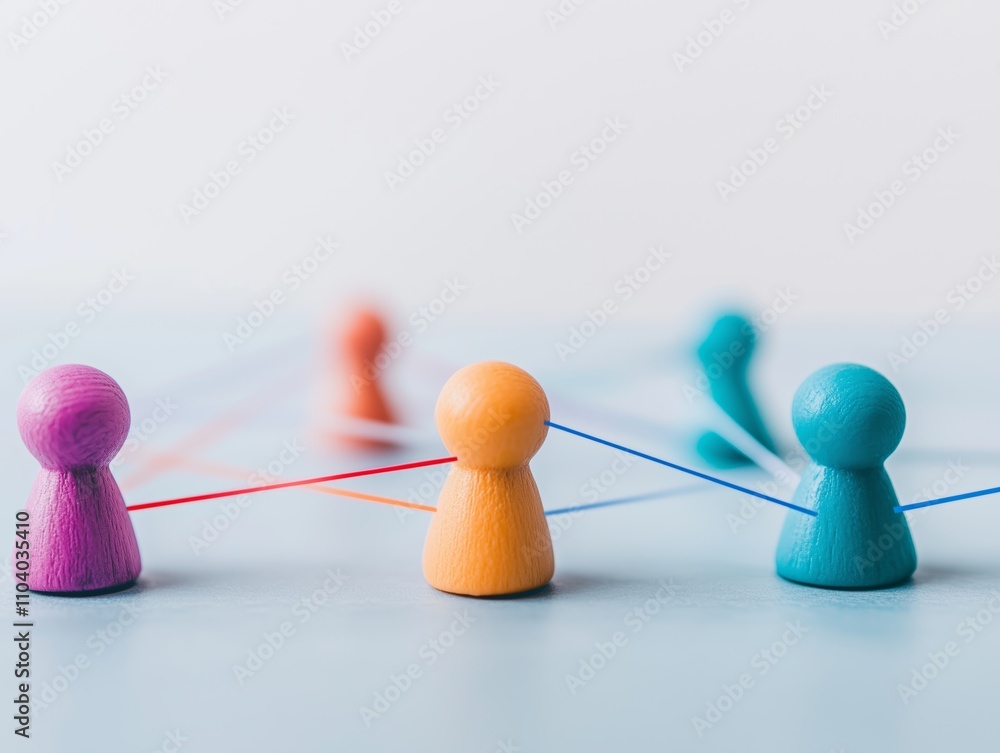 Obraz premium Human pawns colorful connected lines communication objects dots with modern tools team building interlinked relationships social networking teamwork
