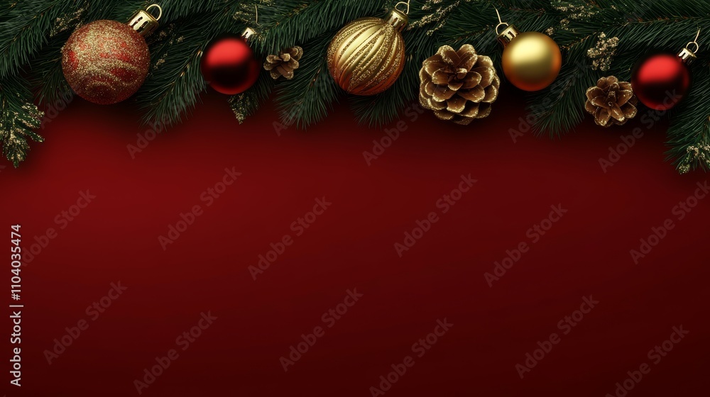 A festive display of vibrant Christmas decorations rests against a rich red backdrop, surrounded by pine cones, evoking warmth and holiday cheer. A festive display of vibrant Christmas decorations rests against a rich red backdrop, surrounded by pine cones, evoking warmth and holiday cheer.