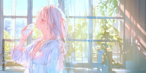 寝起きに水を飲む女性、水彩画イラスト。