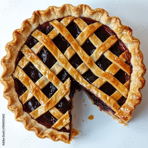 A freshly baked pie with a lattice crust and a slice removed, showcasing its filling.