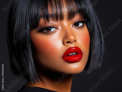 A woman with black hair and red lipstick