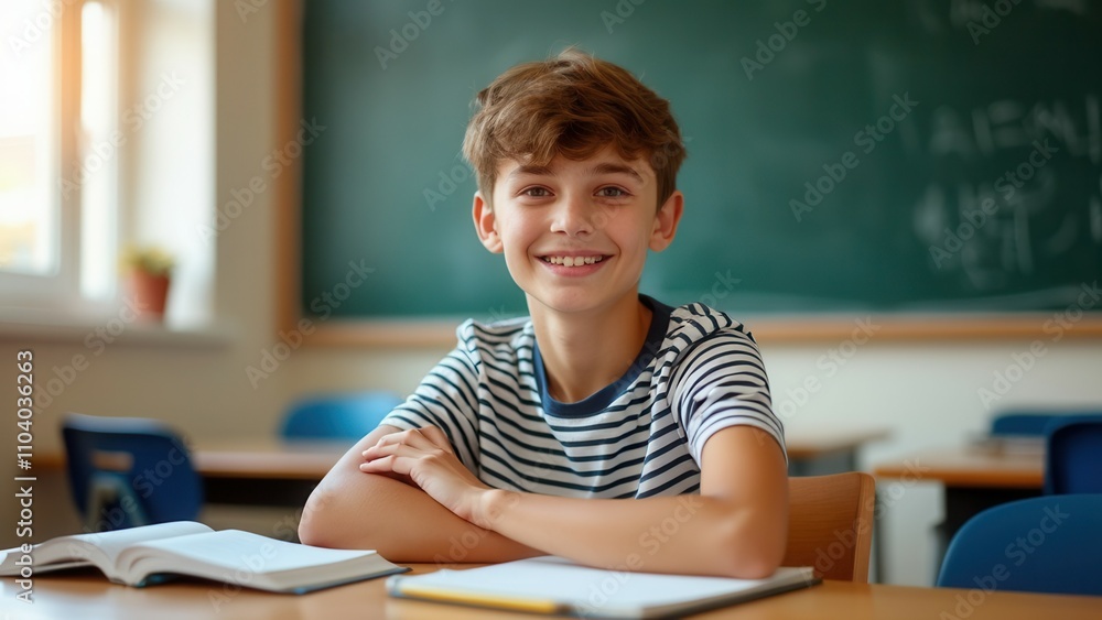 Bright classroom setting features a young boy with curly hair wearing a striped shirt. He smiles broadly from his desk, surrounded by textbooks and stationery, embodying a joyful learning experience. Bright classroom setting features a young boy with curly hair wearing a striped shirt. He smiles broadly from his desk, surrounded by textbooks and stationery, embodying a joyful learning experience.