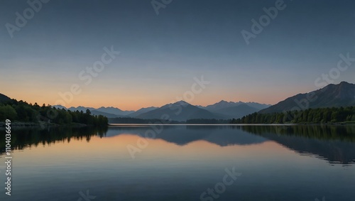 Wallpaper Mural A peaceful landscape with a lake, distant mountains, and a clear sky at dusk. Torontodigital.ca