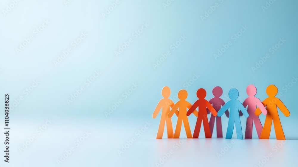 Colorful paper cutouts of people stand side by side against a soft blue background, symbolizing diversity and unity. Colorful paper cutouts of people stand side by side against a soft blue background, symbolizing diversity and unity.