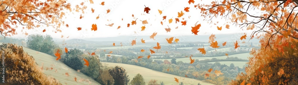 A serene autumn landscape with falling leaves and rolling hills in the background. A serene autumn landscape with falling leaves and rolling hills in the background.